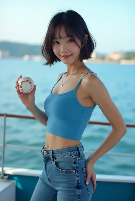 Highly realistic 8k photos, sea background, standing on a boat, Holding a baseball sideways with one hand, Korean woman, Wearing a blue sleeveless top and jeans, standing face to face, Looking at the camera, short hair, A little smile, The baseball is clea...