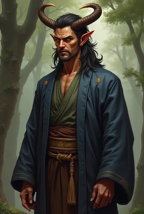 And a character for RPG, a Tiefling man with brown skin with only one horn wearing something similar to a kimono and each of his eyes also has a different color, the right eye has a green pupil and the left is dark with a golden pupil. 