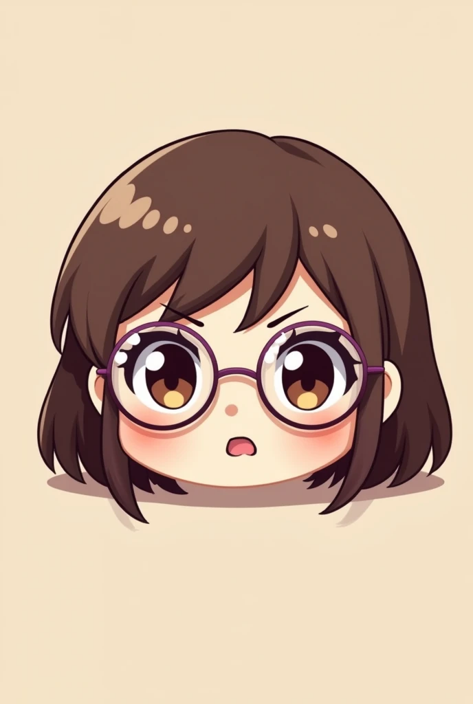 A cute anime doll face for emote on twitch. Little doll with angry expression, round transparent glasses, brown hair to the shoulder and no bangs, brown eyes and chubby cheeks. Image with cartoon appearance