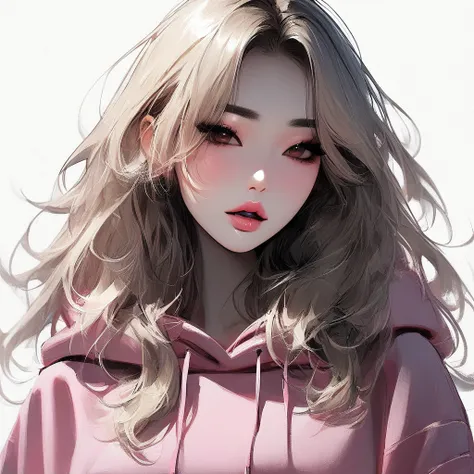 Woman, American comic, dreamy eyes, ethereal, hot, attractive, squinted eyes, asian beauty, light blonde hair, full lips, lipgloss, no background, brown eyes, solo, pink hoodie, square jaw, pink sleeveless sweater