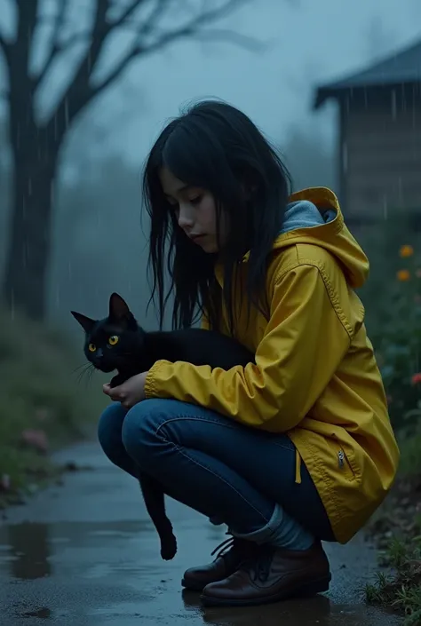 ((best quality9)), (photorealism:1.2), (detailed), Coraline character, real teenager, squatting, holding a black cat, wearing yellow rain jacket, dark blue jeans, and blue socks, Outdoor, misty garden, Wet, dark night, tree without leaves in the background...