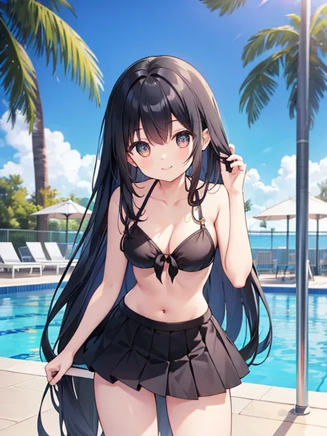 Woman, cute, adorable, smiling, straight hair, long hair, black hair, standing, Swayback stance, looking at the camera, From the front, from thighs to head, pool, daylight,Skirt-style-bikini