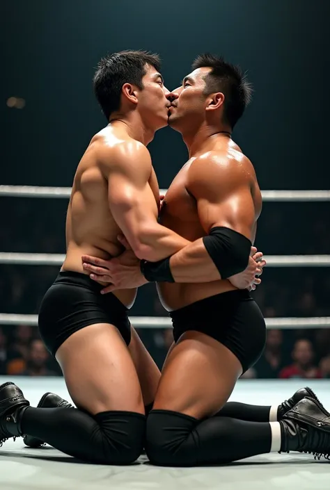 A young Japanese professional wrestler A and a senior Japanese professional wrestler B are in the ring.。They are on the same team。
A is buzzcut and muscular、Wearing short tights。Sweaty。
B is short-haired, muscular, and dark-skinned、Wearing short tights。
A ...