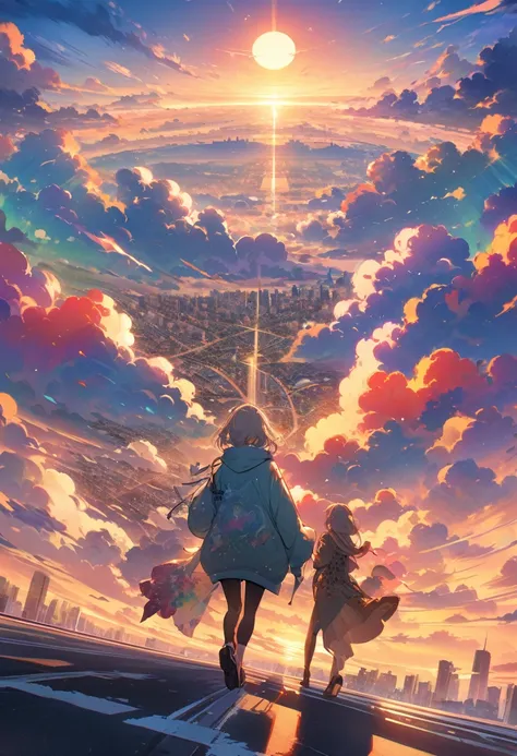 Create exquisite illustrations reminiscent of Makoto Shinkais style, It has ultra-fine details and top-notch quality. angelic, detailed woman who is walking, woman wearing hoodie,  highest billding in city, road, sunrise, horizon, skyline, in the sky, city...