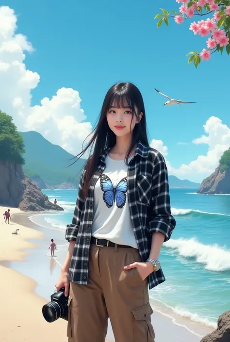 Beautiful Korean girl with smooth white skin, well-groomed face, long straight black hair with bangs, faint smile, black and white checkered shirt, white t-shirt decorated with a big butterfly) brown cargo pants, cool watch. Posing standing on the beach wh...