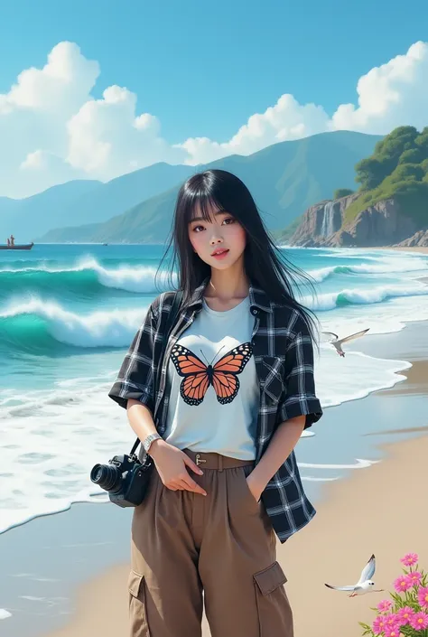 Beautiful Korean girl with smooth white skin, well-groomed face, long straight black hair with bangs, faint smile, black and white checkered shirt, white t-shirt decorated with a big butterfly) brown cargo pants, cool watch. Posing standing on the beach wh...