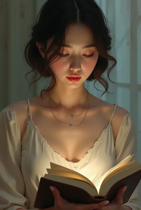 Create a woman reading a book (the background is a story about a character I like, a high school boy in Korea)