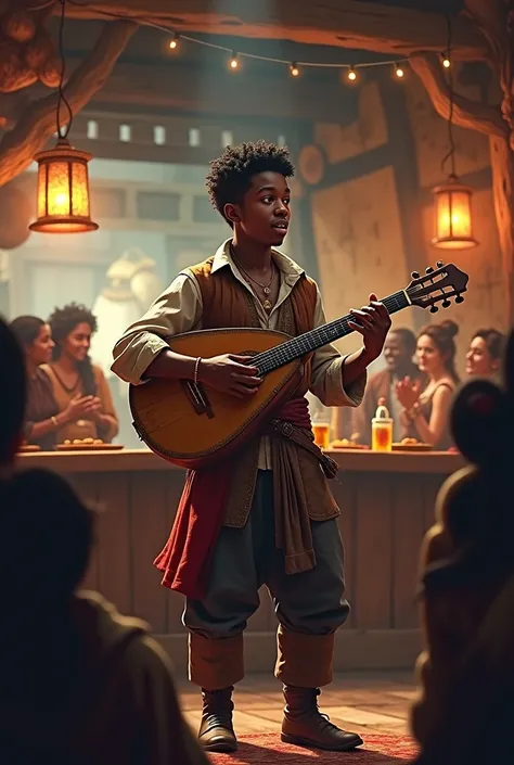 a human bard, black and young,man and adventurer in a tavern playing his lute,It is very important that it is black