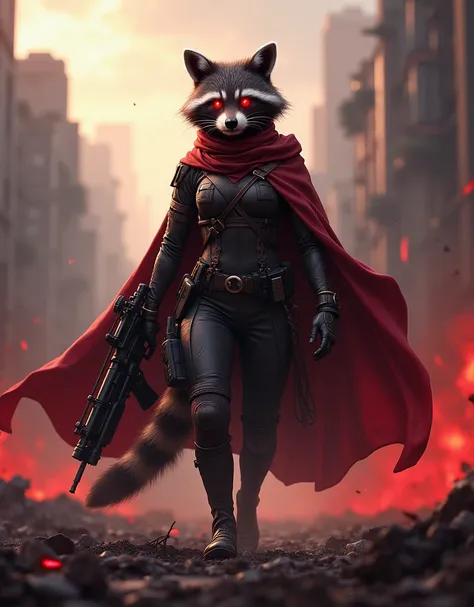 A female raccoon with flaming eyes wearing a female military uniform with a cape in a war area holding a powerful machine gun with a victorious red color aura