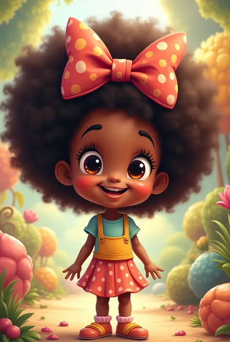 Cute cartoon girl with afro hair and big bow in her hair