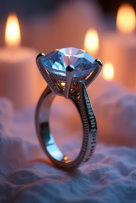 engagement ring with a large jewel written "Denis and Serena" inside 