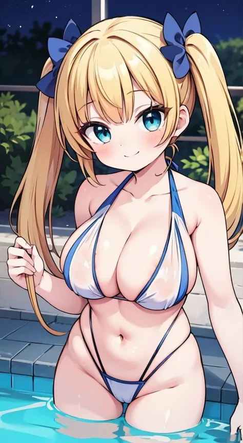 Highest quality,masterpiece,One person,Blonde,Twintails,Swimsuit,Large Breasts,smile,nighttimepool,