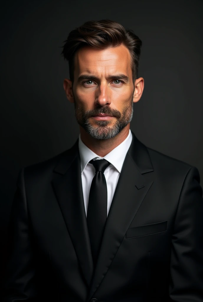 en haut、Faire un bel homme de 30 ans dans un costume noir et une cravate, PDG, cheveux et barbe bruns, (Homme en costume noir et cravate), ), (Utilisez une barbe,) Attractive and serious and kind look, cheveux noirs courts, Elegant and elegant, Shave snugl...