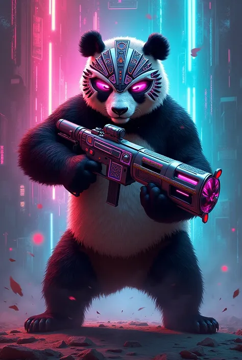 Panda with bazooka and Aztec warrior mask with neon colors 
