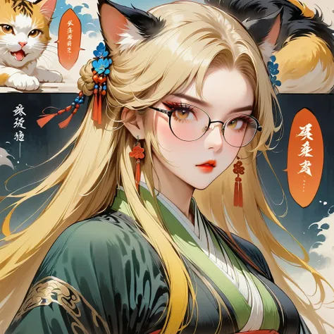 (masterpiece, best quality:1.2), female general，armor，cat：1.37，black hanfu，elegant，simple，Ink martial arts style，Chinese elements，comics，Black ink-splashed background, colorful hair, black long hair, yellow hair tail, Black and yellow highlighted hair colo...