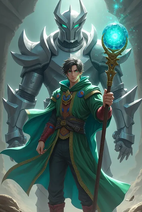 An anime-style man with green eyes wearing a green cloak with blue and red symbols carrying a staff with a very bright teal sphere and next to it there is a terrifying silver armor with a giant double obsidian man. 