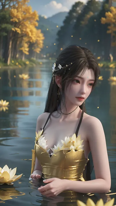 a beautiful young woman bathing in a serene lake, water up to her shoulders, her hands covering her chest, golden glowing lotus flowers floating on the surface, soft lighting, intimate and sensual mood, highly detailed, cinematic composition, realistic, ph...