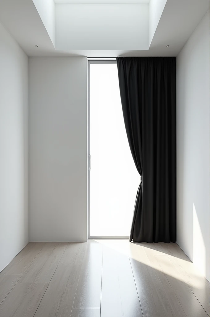 Make a room about 4 meters long by 5 meters wide painted white with a light-colored floor where the wall on the right side is completely covered by a black curtain.