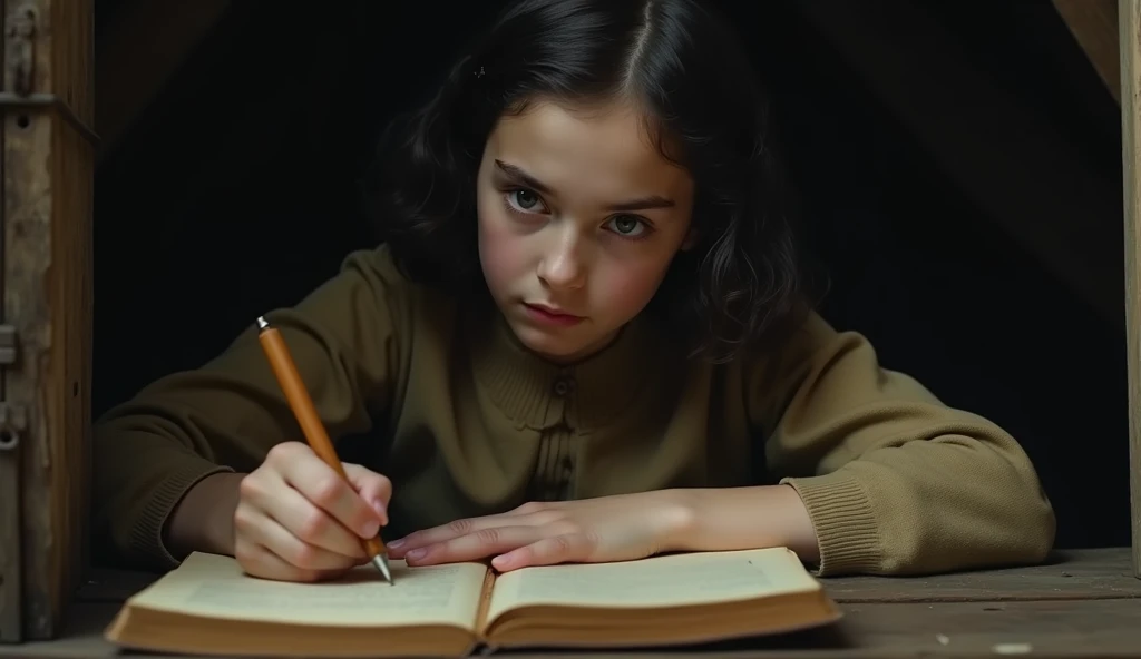 Close-up of Anne Frank writing her diary