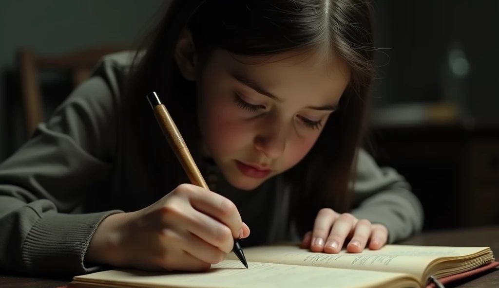 Close-up of Anne Frank writing her diary