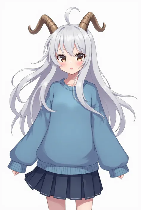 Create an anime-type girl with long white hair and bangs wearing a large open blue school sweater and a skirt and goat horns where an among us is hidden in the doubles of the clothes or in the shadow of the clothes and the hidden among us is clearly visibl...