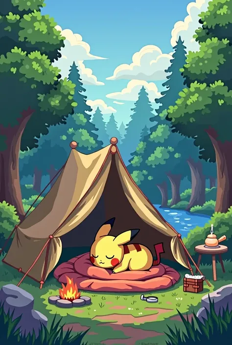 Pikachu resting in a tent at a campsite、Pixel art