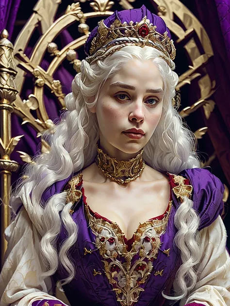 Beautiful albino woman with detailed medieval hairstyle (silky hair)(updo) (white hair,wearing detailed medieval gown (red and black colours), with gold accessories and gold tiara, medieval queen, medieval woman,queen,game of thrones style,daenerys targary...