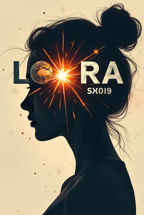 a logo with centralized writing LOORA with a capital letter and 99999 with a lowercase letter, written with planet being the name highlighted in the logo 

be minimalist 

with planet elements, the shadow of a woman making a headline, a radiant star, a sim...