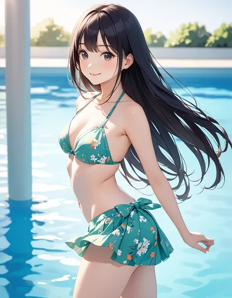 Woman, cute, adorable, smiling, straight hair, long hair, black hair, standing, Swayback stance, looking at the camera, From the front, from thighs to head, pool, daylight,Skirt-style-bikini