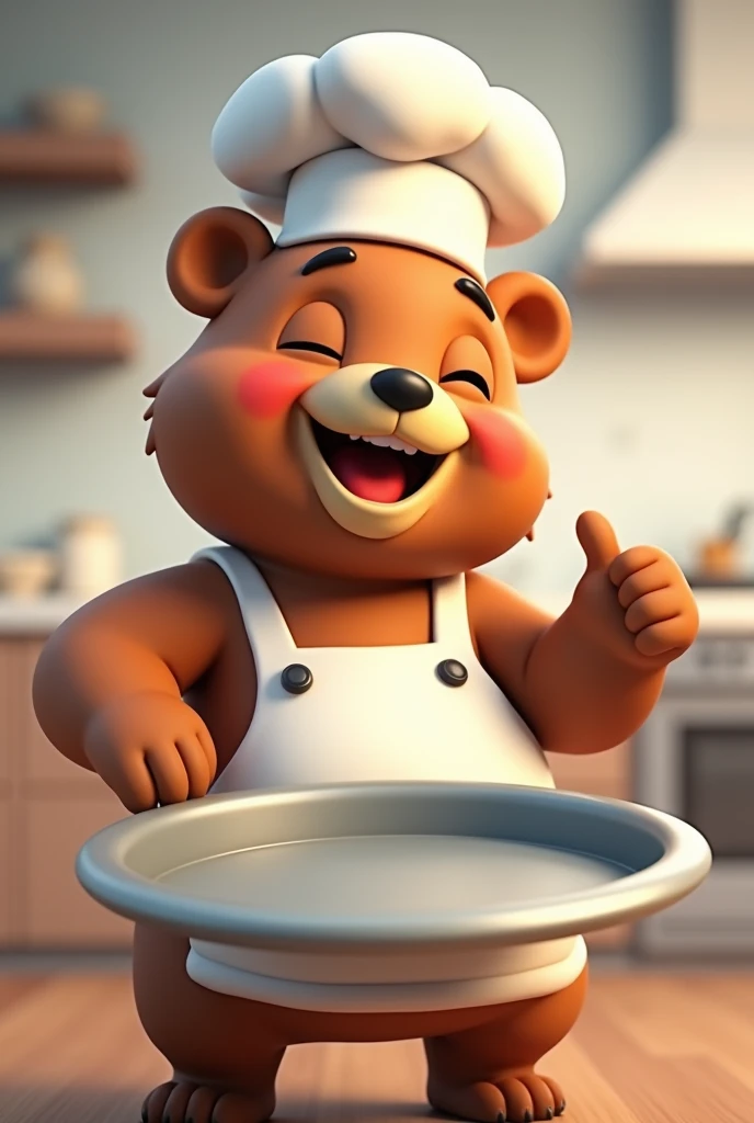 Animated chef bear with thumbs up, closing one eye in front of an empty tray