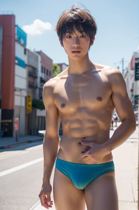 a tanned athletic big-beady-eyed japanese boy with blonde crew-cut hair, wearing fundoshi, sexy, no shirts, in urban summer setting with blue sky, completely sweaty, hyper detailed, 8k, photorealistic, high brightness lighting, dazzling, physically-based r...