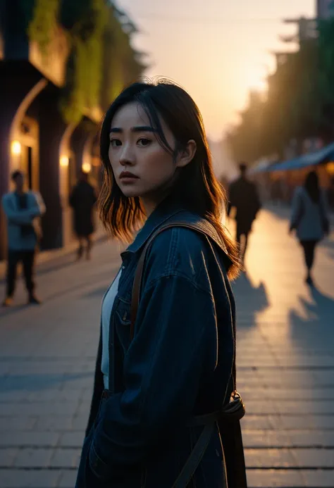 A young asian woman standing alone, looking sad as she watches a couple (blurred in the background) walking away. Golden hour lighting, bokeh effect. Cinematic wide-angle shot. Hyper-realistic style.
Cinematic lighting, high detail, 8K, artstation, concept...