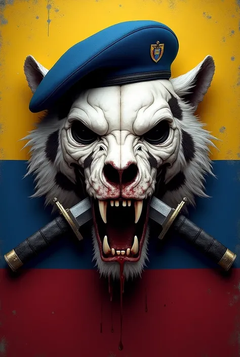 generates an image of a bloody tiger skull that is military with a blue beret and a dagger crossed between the teeth with a background of the flag of Ecuador 


