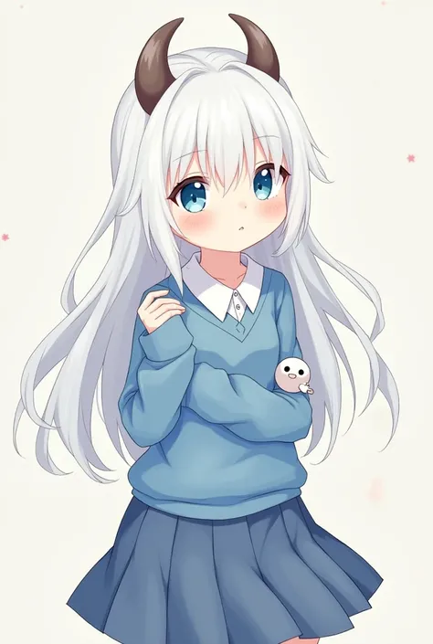 Create an anime girl with long white hair with "fringe" with a big open blue school sweater and a skirt and goat horns where an among us is hidden 