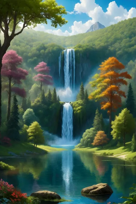 Beautiful clearing with a water fall lake and trees