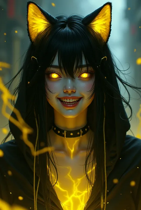 Androgynous girl with very long black hair, golden colored eyes, very manic smile, White skin. He emanates a fluorescent yellow power around his body and wears black clothing with a hoodie that has cat ears..