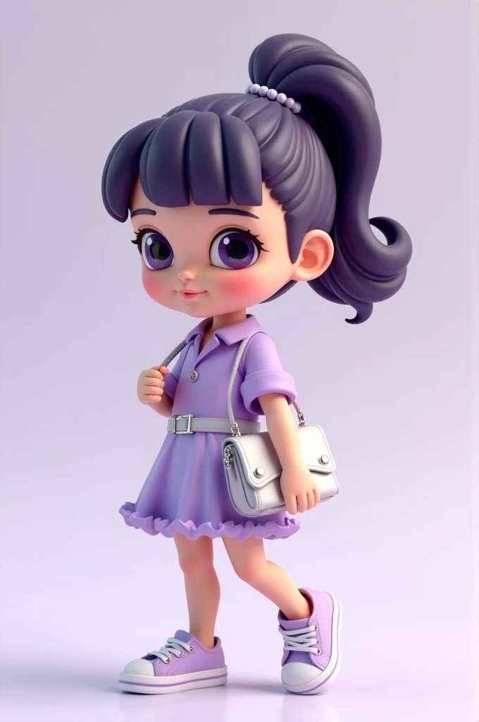  C4D model,chiby style , a girl, in a lavender dress, with a silver belt, dark purple hair styled in a high ponytail, holding a white clutch bag, and wearing lavender sneakers with white laces.