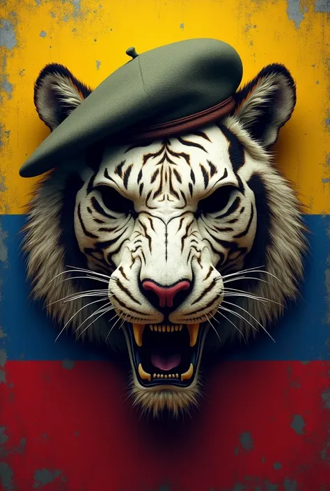 generates an image of a military tiger skull with a beret and a background of the Ecuadorian flag 


