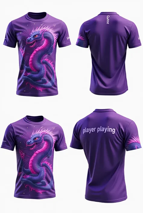 Make an interclass shirt with a purple dragon and several purple rays on the left chest without many details and on the back of the shirt it says player playing and the shirt is shown on all sides on the front, back and side.