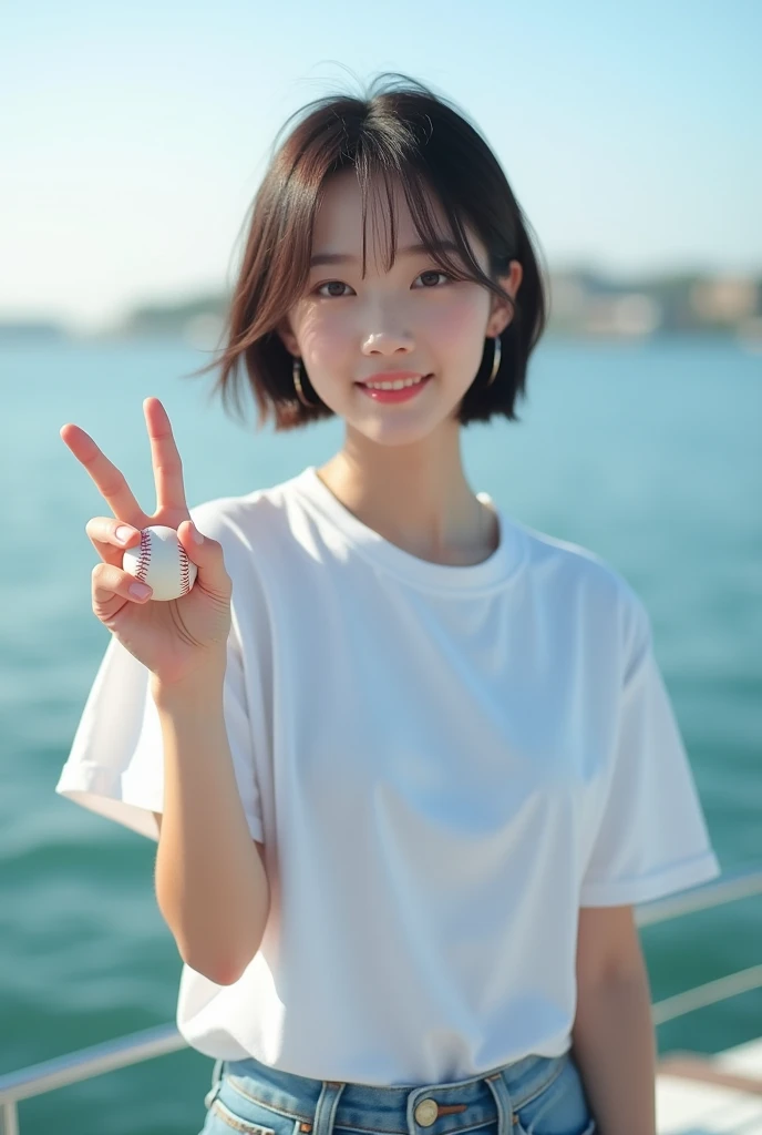 Highly realistic 8k photos, sea background, standing on a boat, Holding a baseball with two fingers and one hand raised to the side, Korean woman, Wearing a white t-shirt and jeans, standing face to face, Looking at the camera, short hair, A little smile,