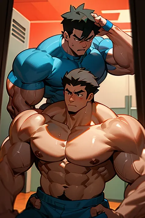 ash ketchum and gary oak from pokémon anime as a big dumb teenage muscular bodybuilder jocks in a locker room flexing and starin...