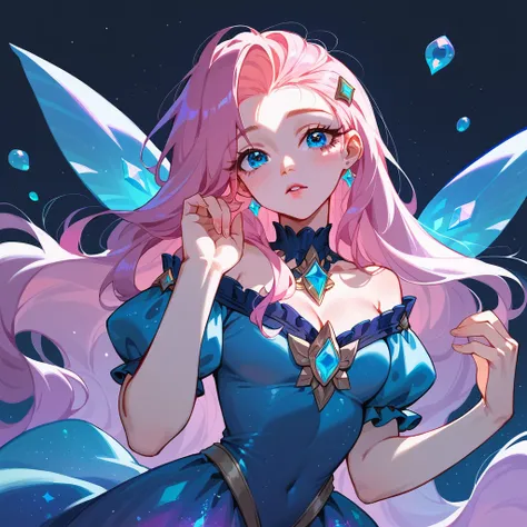 score_9, score_8_up, score_7_up, seraphine (league of legends), 1girl, blue eyes, sexy, full body, squinty eyes, earrings, wavy white hair, long eyelashes, cosmic dress, big bust