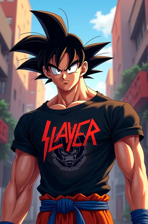 goku with the slayer t-shirt and making the rock sign 