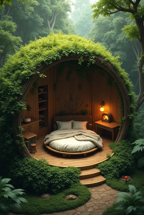 Create a realistic forest hideout image, camouflaging with plants and leaves. It should be open and round, has a roof covered with grass and leaves, wooden wall and vines. Must have a large, round bed ,with branches and a fluffy blanket, a wooden table wit...