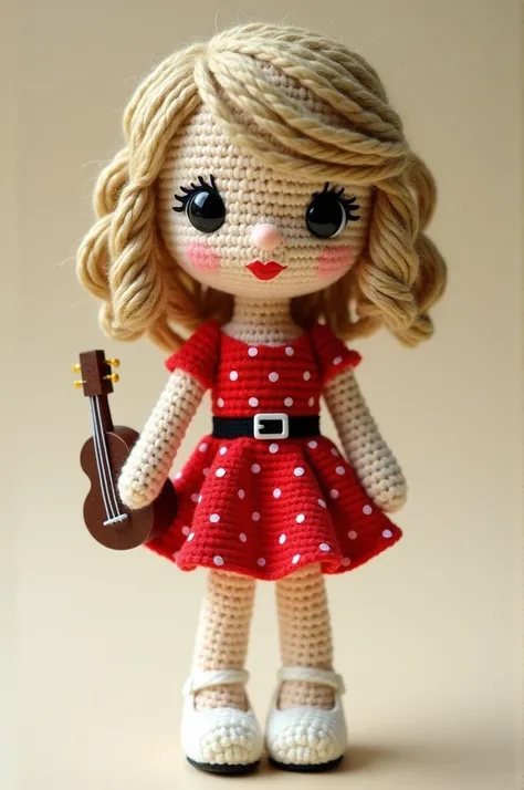 An amigurumi chibi-style Taylor Swift, with her signature blonde hair styled in soft waves and her iconic red lipstick. She’s wearing a classic short-sleeved, red polka dot dress with a fitted waist, accessorized with a black belt. In one hand, she holds a...