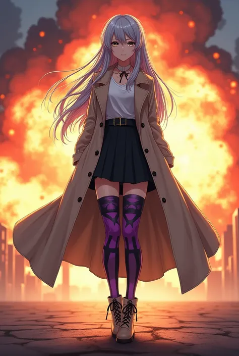 (Anime style) Woman with gray eyes, long silver hair wearing a long beige trench coat and a black skirt and long purple and black stockings that reach her thighs and beige boots, holding a camera in her left hand and an explosion in the background,perfect