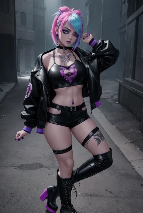 a girl in a dark gothic outfit with a vibrant rainbow crop top, pastel hair, platform boots, choker, body straps, varsity jacket, tattoos, lollipop, confident and alluring expression, photorealistic, 8k, highly detailed, cinematic lighting, fantasy, digita...