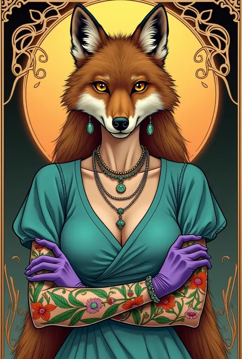 Create an artistic image in the art nouveau style of a female maned wolf with human features but with fur all over her body, without sexualizing your female body, wearing a turquoise blue blouse, some necklaces and earrings, with their arms all tattooed wi...