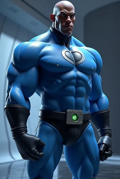 Muscular black model wearing Frozone costume from the Incredibles movie
