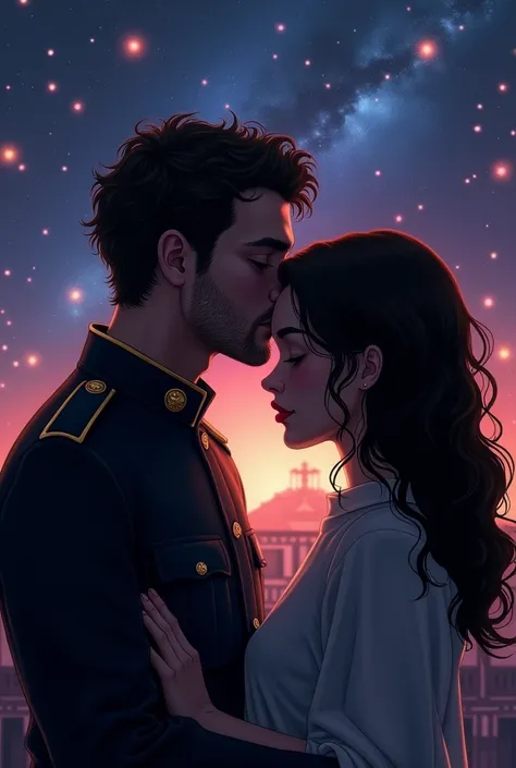 Imagine the silhouette of a couple, The man kisses his beloved&#39;s forehead, He has very little light curly hair,forehead indentations, military court, She is a dark-haired brunette. The background many colorful stars A message in Spanish that says: "goo...